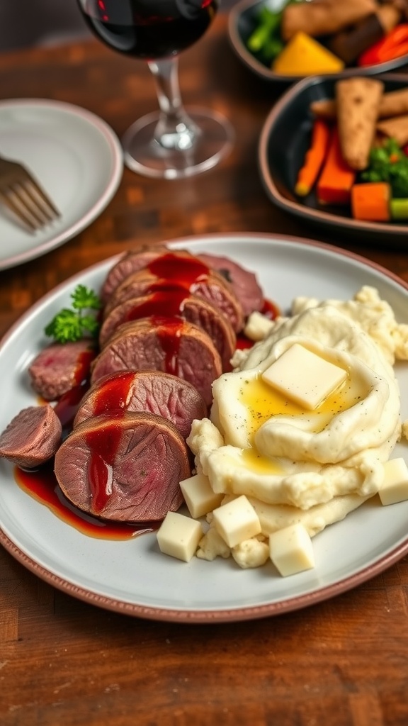 Sliced smoked paprika brisket with garlic mashed potatoes on a rustic table.